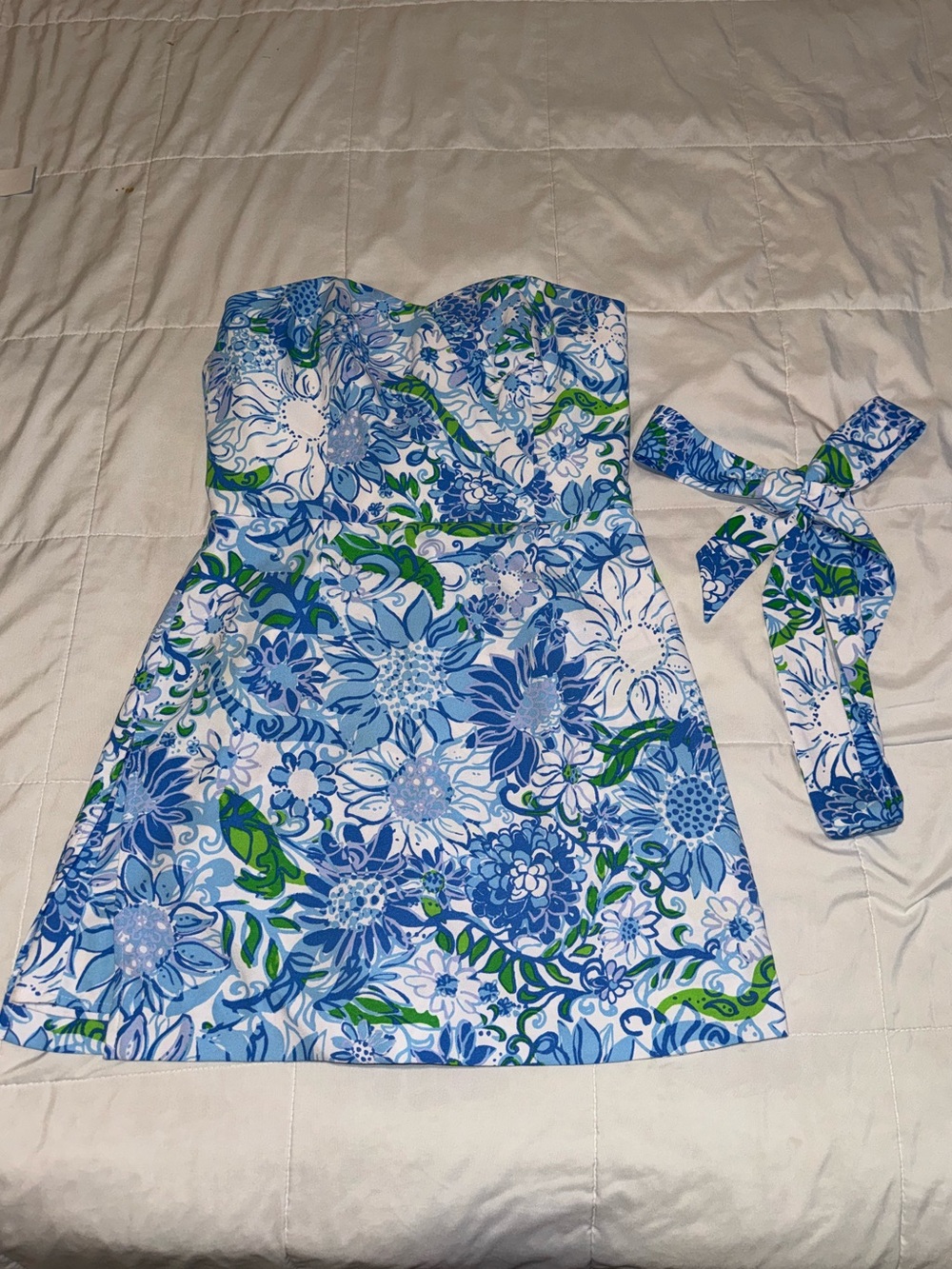 Lilly Pulitzer Strapless Floral Dress in Blue, White & Green